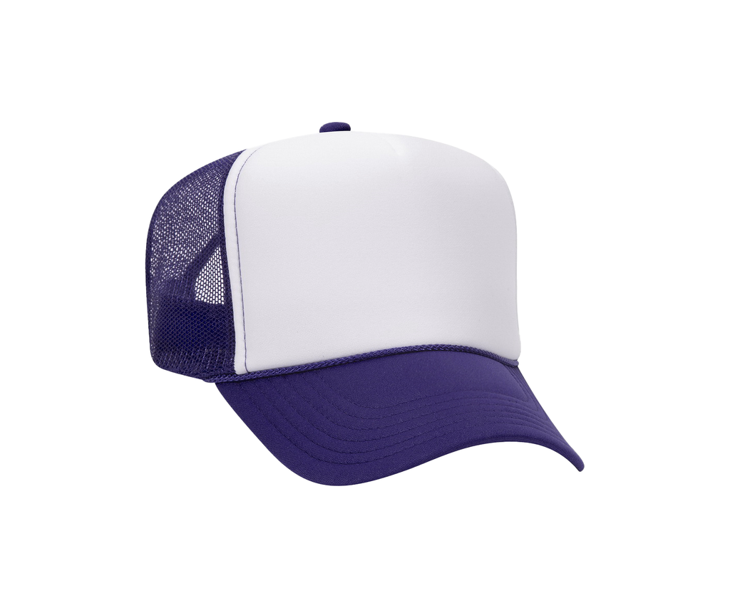 White and purple trucker cap on a white background