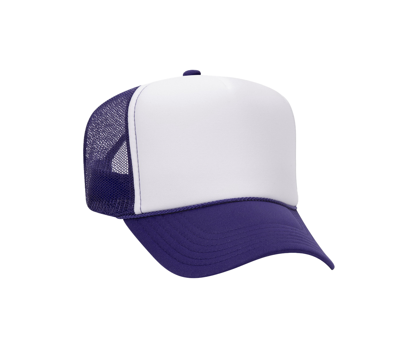 White and purple trucker cap on a white background