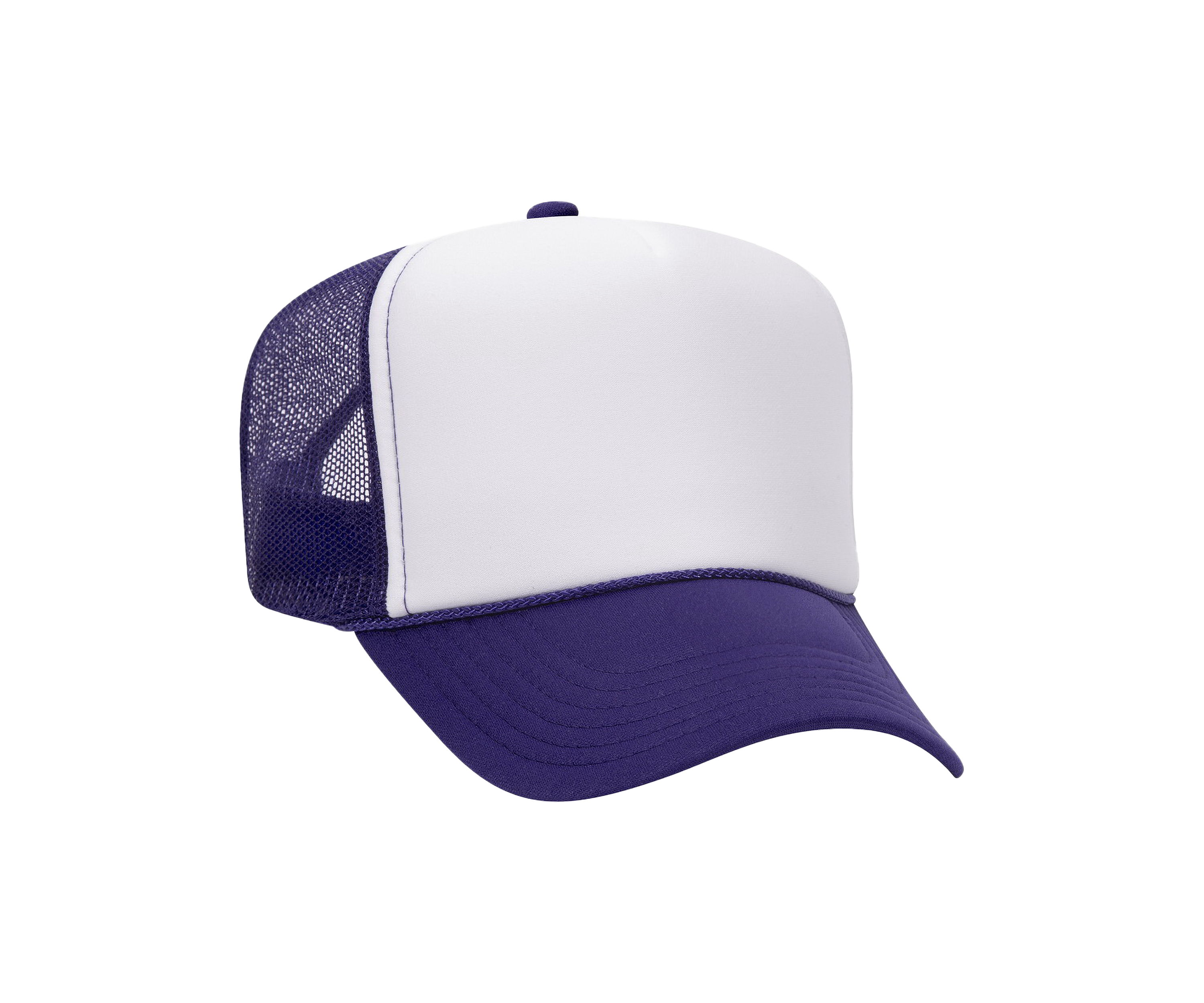 White and purple trucker cap on a white background
