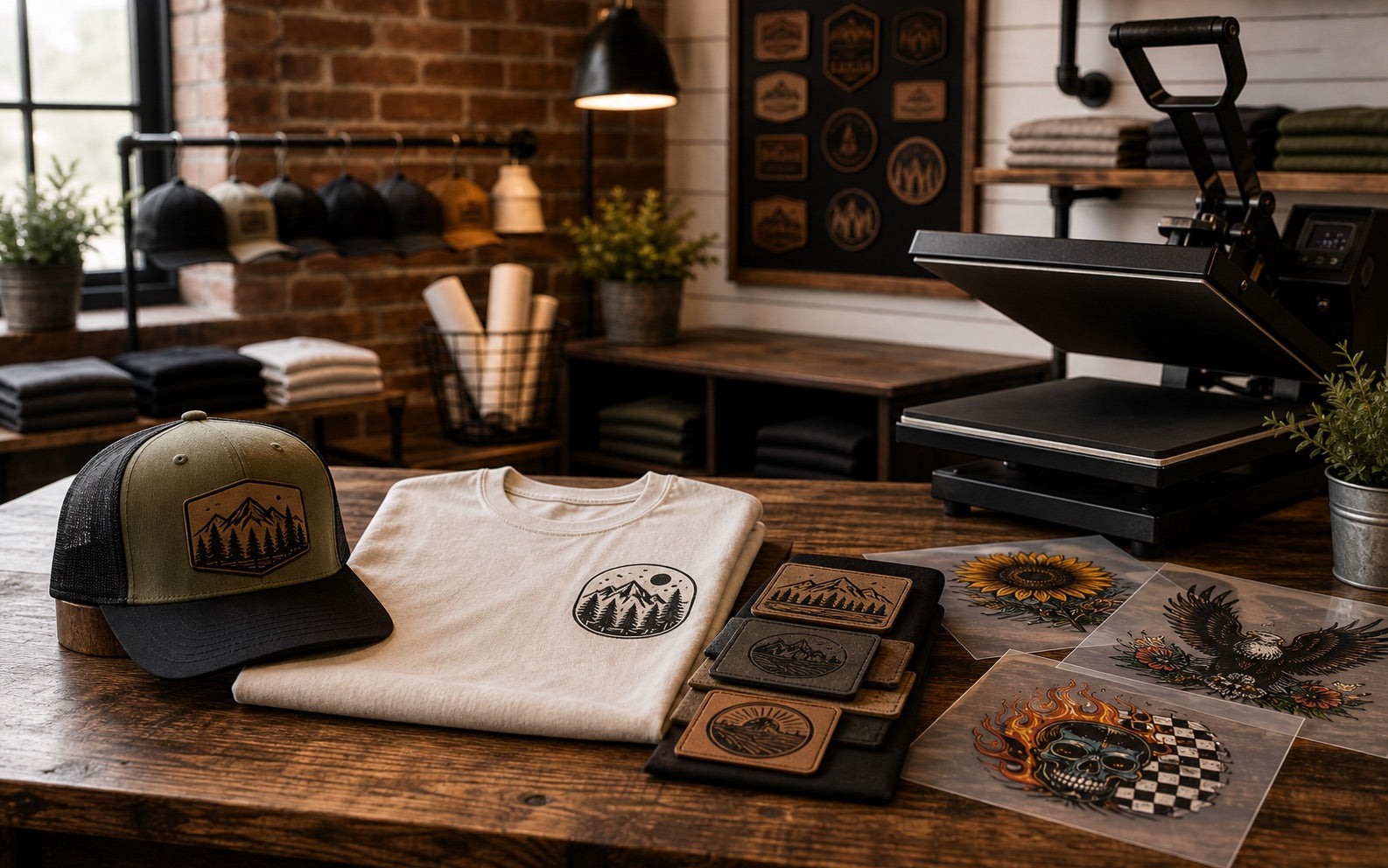 Custom hats shirts patches and prints on a workshop table