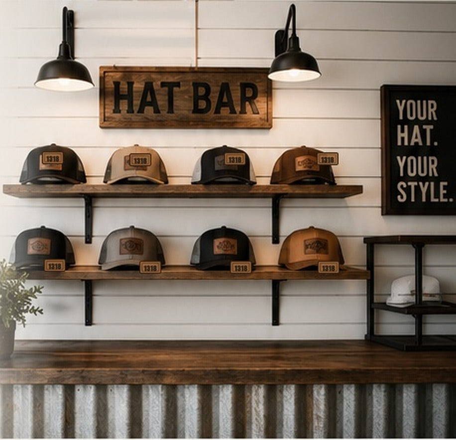 Modern farmhouse hat bar wall with hats and wood shelving